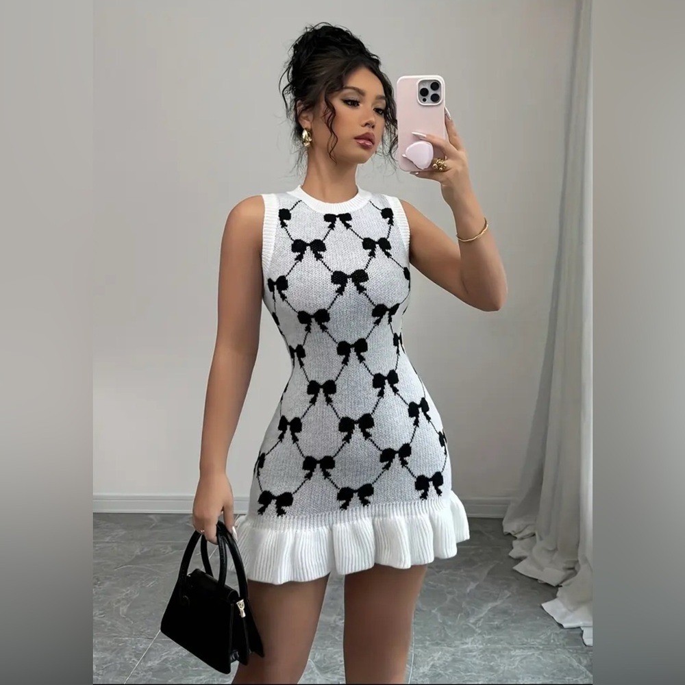 Elegant White and Black Women's Bow Knit Dress New Boutique